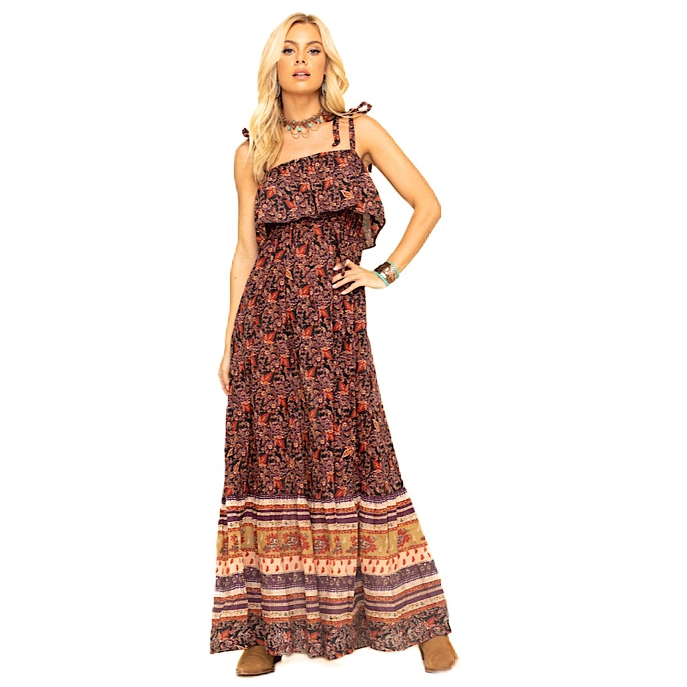 NWT FREE PEOPLE Tangier Babydoll Maxi Dress In Dark Combo Large